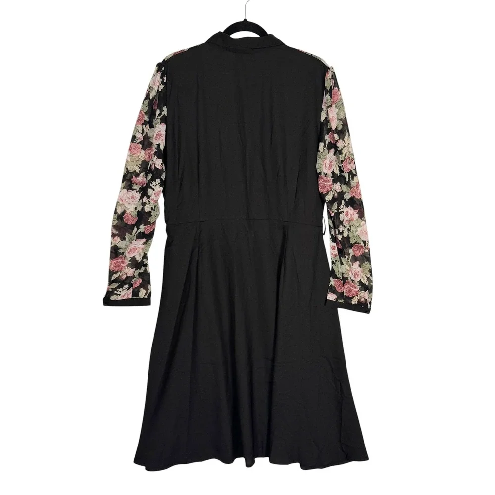 Collectif London‎ Dress 18 Black Floral Mesh Sleeve Retro Rockabilly Pinup Midi